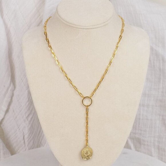 new with box lariat paperclip link chain lariat with disc coin charm pendant - Picture 1 of 8